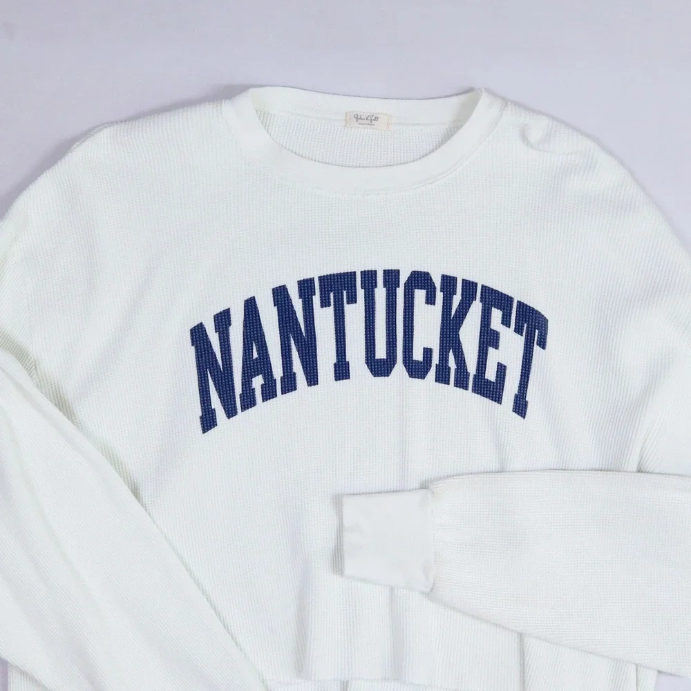 John Galt Nantucket Graphic Thermal Top Women OS White Blue Cropped Waffle Knit - Picture 10 of 13